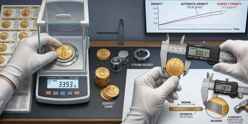 Gold coins being tested with a precision scale and caliper to check for authenticity.