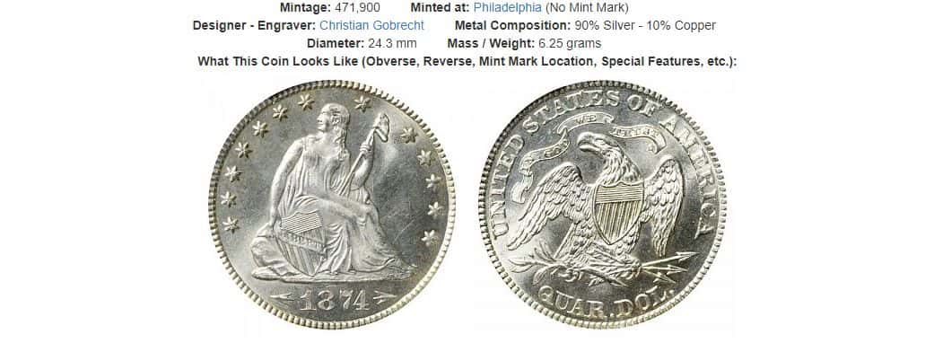 1874 Seated Liberty Quarter with arrows