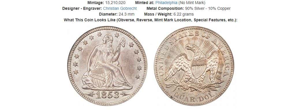 1853 Seated Liberty Quarter Arrows and Rays