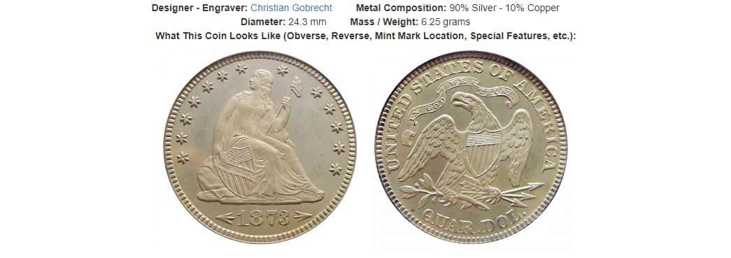 1873 Seated Liberty Quarter with arrows