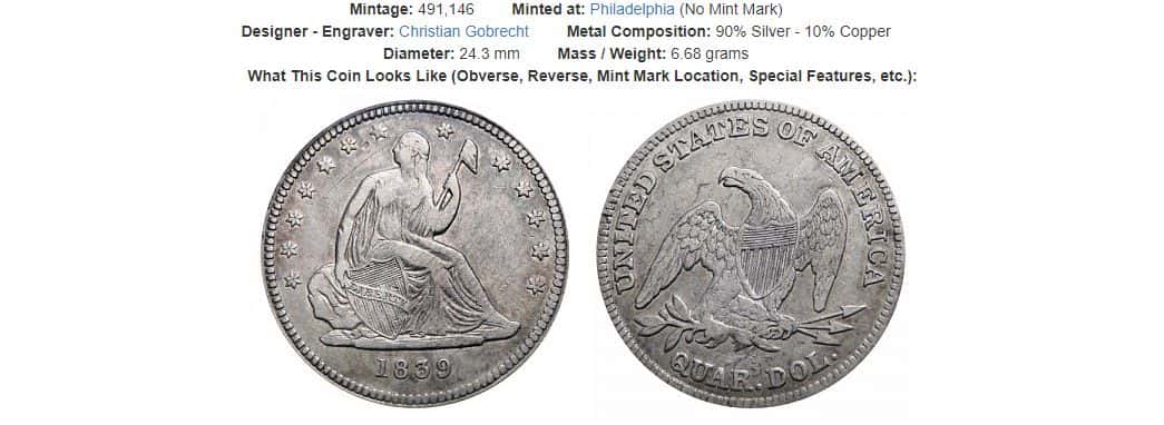 1839 No Drapery Seated Liberty Quarter