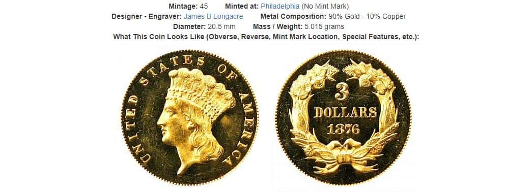 1876 Proof Indian Princess $3 gold
