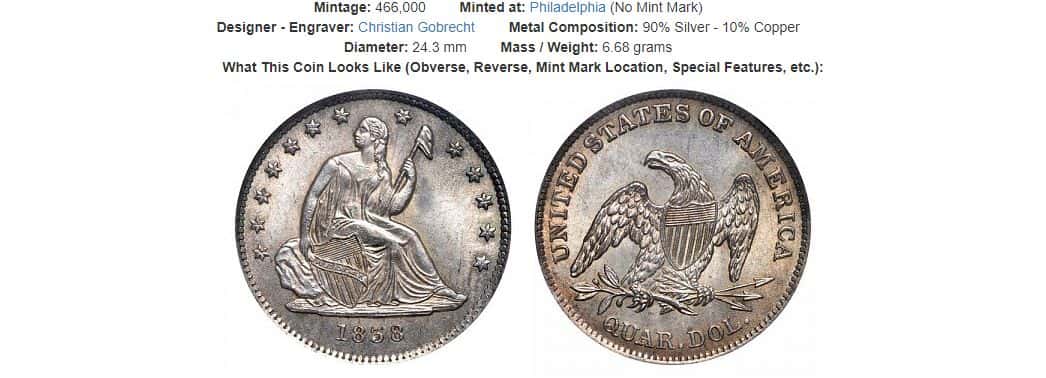 1838 No Drapery Seated Liberty Quarter