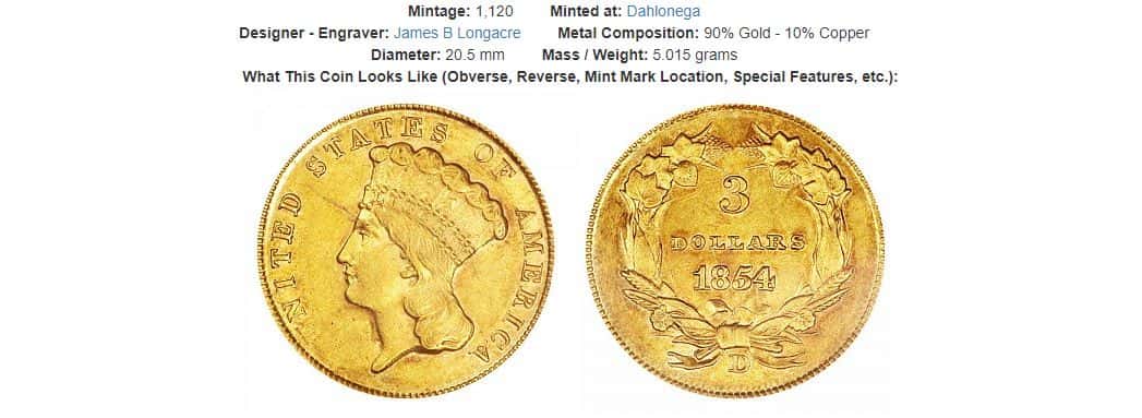 1854-D Indian Princess $3 gold