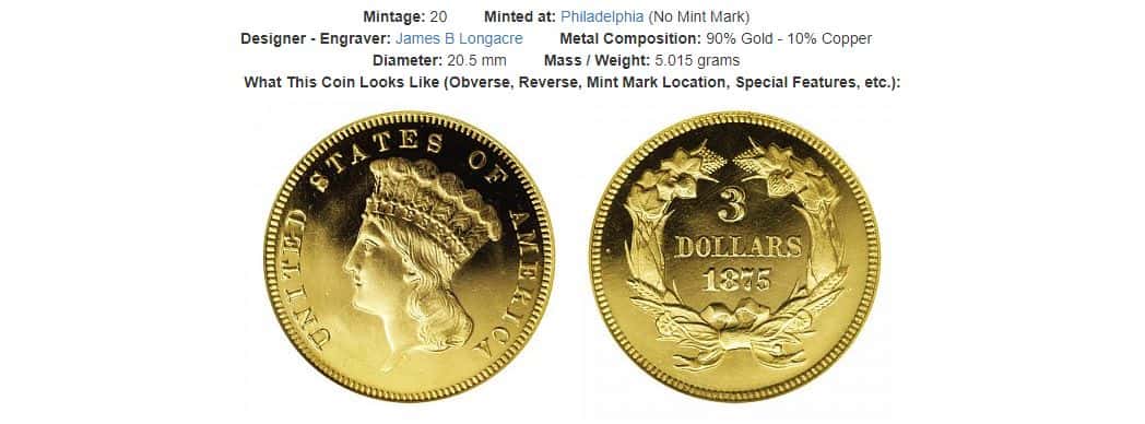 1875 Proof Indian Princess $3 gold