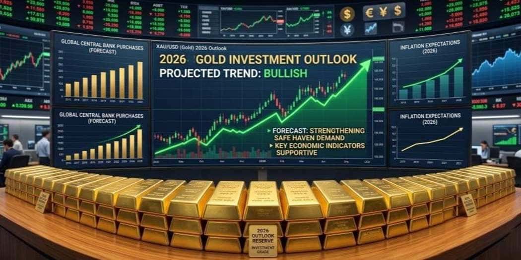 Gold bars in front of a financial market chart, illustrating a 2026 gold investment outlook.