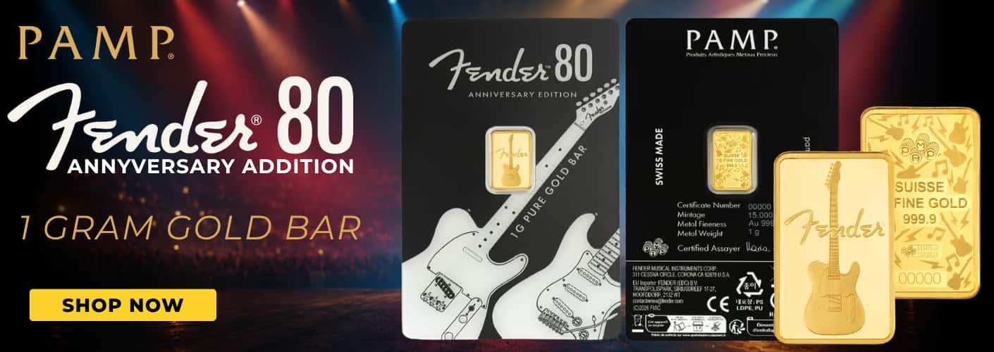 1 Gram PAMP Suisse Fender® 80th Ann. Gold Bar .9999 (in Assay)