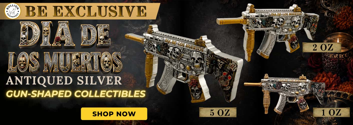1 oz, 2 oz, and 5 oz Dia de los Muertos Gun Shaped  Silver .999 Fine Antiqued Finish