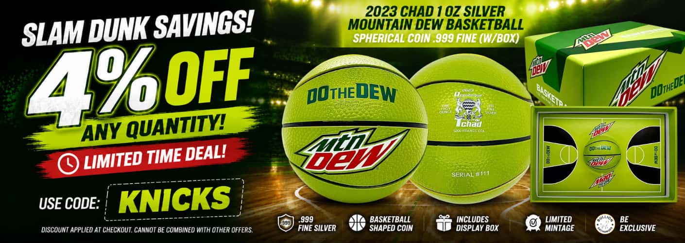 Limited-time offer on the 2023 Chad 1 oz Silver Mountain Dew Basketball Coin. Save 4% with code KNICKS.