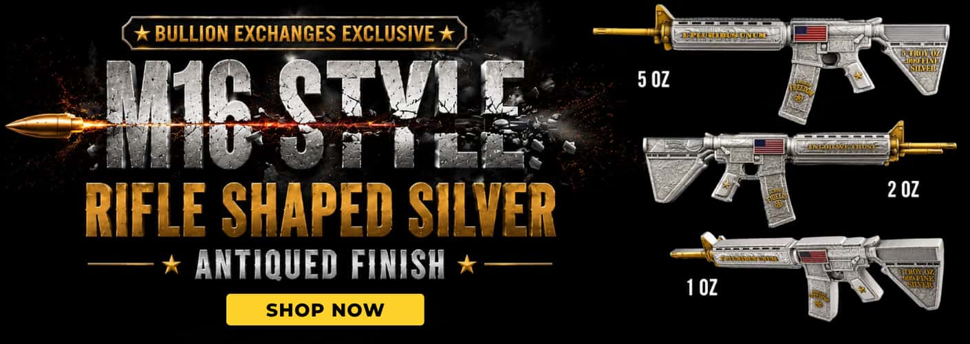 1 oz, 2 oz, and 5 oz M16 Style Rifle Shaped Silver .999 Fine Antiqued FinishM16 Style Rifle Shaped Silver .999 Fine Antiqued Finish
