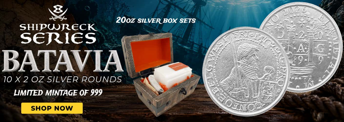 Tube of 10 - 2 oz Elemetal Shipwreck Batavia Silver Rounds Chest Set .999 Fine