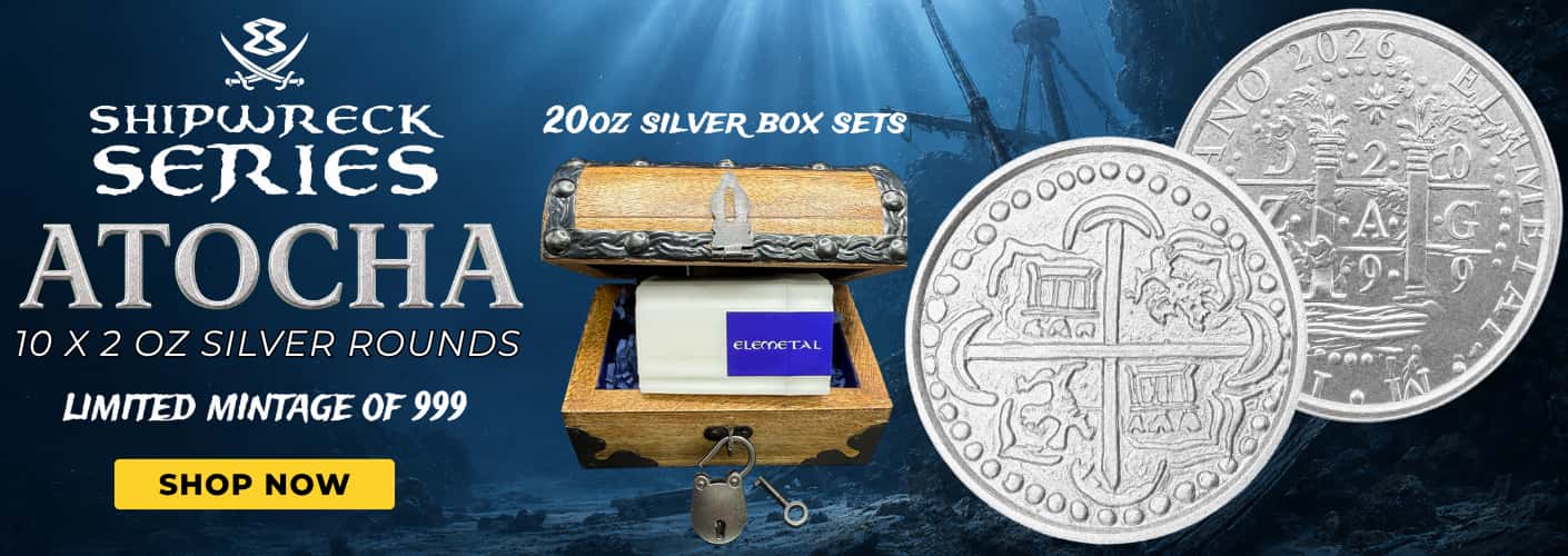 Tube of 10 - 2 oz Elemetal Shipwreck Atocha Silver Rounds Chest Set
