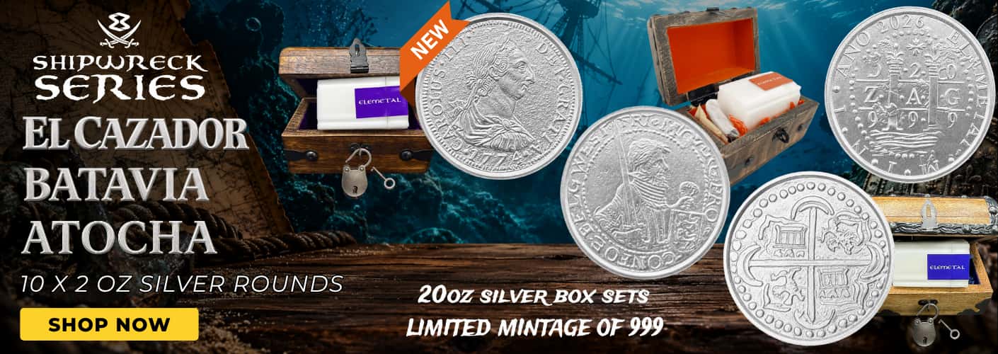 Tube of 10 - 2 oz Elemetal Shipwreck Silver Rounds Chest Set Collection .999 Fine Atocha, Batavia, El Cazador