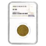 1850 D $5 Liberty Head Half Eagle Gold Coin NGC XF 40 (Weak D)
