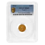 1854 $1 Gold Indian Princess Head Type 2 PCGS MS 62