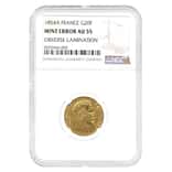 1854-A France 20 Francs Napoleon III Gold Coin NGC AU 55 Mint Error Obverse Lamination
