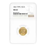 1861 $2.5 Liberty Head Quarter Eagle Gold Coin Type 2 NGC MS 63