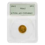 1861 $1 Gold Indian Princess Head Type 3 PCGS MS 62 (Rattler Holder)