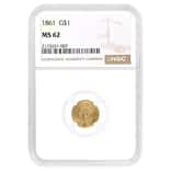 1861 $1 Indian Princess Head Type 3 Gold Coin NGC MS 62
