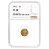 1862 $1 Gold Indian Princess Head Type 3 NGC MS 62