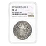 1874 GO FR Mexico 8 Reales Cap & Rays Silver Coin NGC AU 50