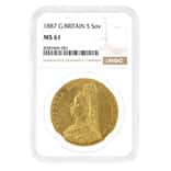 1887 Great Britain 5 Pounds Queen Victoria Gold Coin NGC MS 61