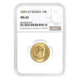1899 AT Russia 10 Roubles Nicholas II Gold Coin NGC MS 65