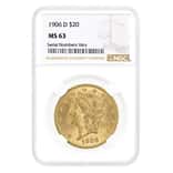 1906-D $20 Liberty Head Double Eagle Gold Coin NGC MS 63