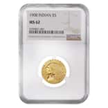 1908 $5 Indian Head Half Eagle Gold Coin NGC MS 62