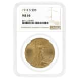 1911-S $20 Gold Saint Gaudens Double Eagle Coin NGC MS 66