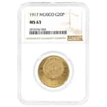 1917 Mexico 20 Pesos Gold Coin NGC MS 63
