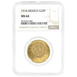 1918 Mexico 20 Pesos Gold Coin NGC MS 64
