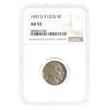 1937 D 3 Legs Buffalo Nickel 5C NGC AU 55