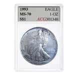 1993 1 oz Silver American Eagle Accugrade ACG MS 70