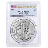 2026 1 oz Silver American Eagle PCGS MS 70 FDOI (Flag)