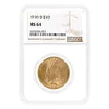 1910-D $10 Indian Head Gold Eagle Coin NGC MS 64