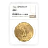 1922 Mexico 50 Pesos Gold Coin NGC MS 63