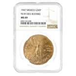 1947 Mexico 50 Pesos Gold Coin New Dies Restrike NGC MS 69