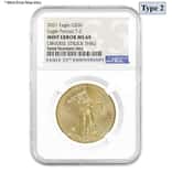 2021 1 oz Gold American Eagle Type 2 NGC MS 69 Mint Error (Obv Struck Thru)