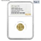 2021 1/10 oz Gold American Eagle Type 2 NGC MS 69 Mint Error (Obv Struck Thru)