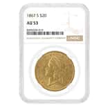 1867-S $20 Liberty Head Double Eagle Gold Coin NGC AU 53
