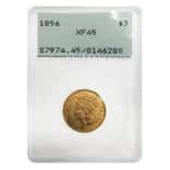 1856 $3 Gold Indian Princess Head PCGS XF 45 (Rattler Holder)