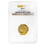 $5 Indian Head Half Eagle Gold Coin NGC MS 61 (Random Year)