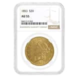 1853 $20 Liberty Head Double Eagle Gold Coin NGC AU 55
