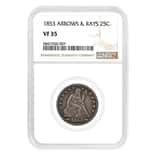 1853 Seated Liberty Silver Quarter Dollar 25C Arrows & Rays NGC VF 35