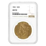 1861 $20 Liberty Head Double Eagle Gold Coin NGC AU 53