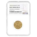 1874-A France 20 Francs Lucky Angel Gold Coin NGC MS 62 Mint Error Obverse Die Break