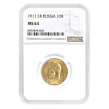 1911 EB Russia 10 Roubles Nicholas II Gold Coin NGC MS 64