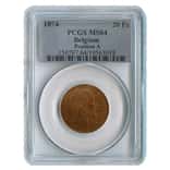 1874 Belgium 20 Francs Leopold II Gold Coin PCGS MS 64