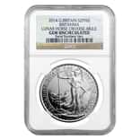 2014 G Britain Britannia Silver 2PND Coin Lunar Horse OBV-Mule NGC Gem BU